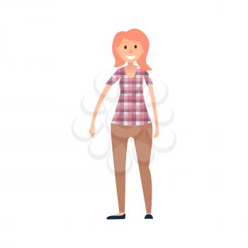 Wooman in casual cloth wears checkered t-shirt and beige jeans vector illustration isolated on white. Grown up female adult full length cartoon character
