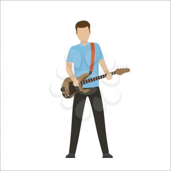 Musician play on electric and bass guitar isolated vector illustration on white background. Music performance on modern instrument