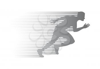 Silhouette of jogger on finish. Athletic running man in movement on white background. Sport lifestyle colourless vector illustration. Motion movement logotype in cartoon style flat design