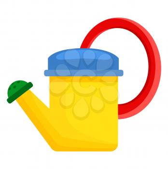 Yellow toy watering can for children to play in garden with blue top and red handle isolated vector illustration on white background.