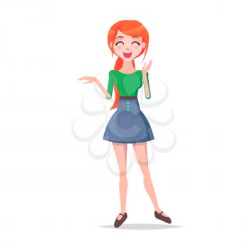 Laughing young woman illustration. Beautiful redhead girl in blouse and short skirt standing with rosy smiling face flat vector isolated on white background. Joyed emotional female cartoon character