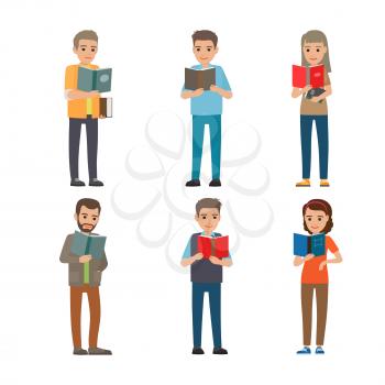 Six different people enloy reading books. Intelligent well-breed grown up characters on white background. Males and females holding one or two books in hands. Vector illustration of education process.