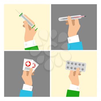 Hands holding medical equipments and pills set with grey and beige backgrounds. Vector poster of hands taking syringe, transparent thermometer, things with white cross on red circles and round pills