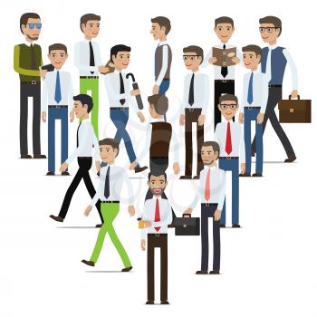 Businessmen cartoon characters collection. Men in business casual clothing with various emotions on faces and objects in hands flat vector isolated on white. Office clerks set for business concept