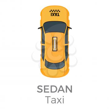 Taxi sedan top view icon. Modern yellow cab with light box on roof flat vector isolated on white background. City public carrier illustration for urban transport concepts and infographics design
