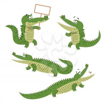 Funny cartoon crocodiles set. Crocs with small bird in mouth, on hind legs, with blank board and in natural animal position isolated on white background. Cute exotic reptiles vector illustration.