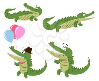 Cute cartoon crocodiles in natural position, on hind legs and with balloons in hat and bow tie isolated on white background. Cute big reptiles vector illustration. Drawn friendly crocs with eyebrows.