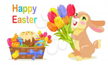Happy Easter postcard design in flat style. Milk chocolate bunny with bouquet of fresh tulips in basket with holiday eggs, sweet cake and mascot chicken symbol. Vector illustration of sweet gifts