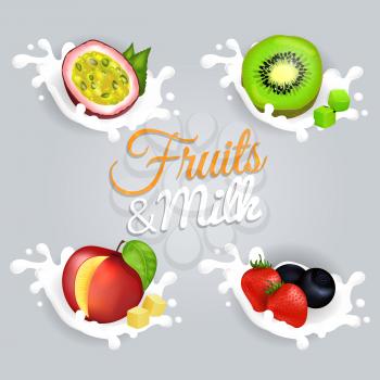 Fruit splashing in milk colorful vector poster. Halves of violet passion fruit and green kiwi, juicy mango with square pieces, red strawberries and blueberries lying in milk on grey background