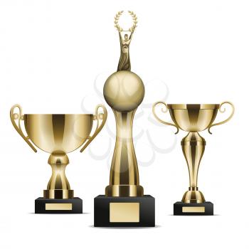 Set of three golden trophy cups winner graphic art icon. Vector illustration of realistic trophies isolated on white. Gold rewards on black base with nameplate. Drawn figure cartoon style flat design.