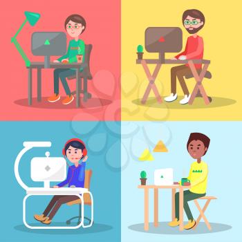 Office workers at work. Men cartoon characters seating at the wooden and plastic tables and working on computer flat vectors set. Modern furniture for home and workplace conceptual illustration