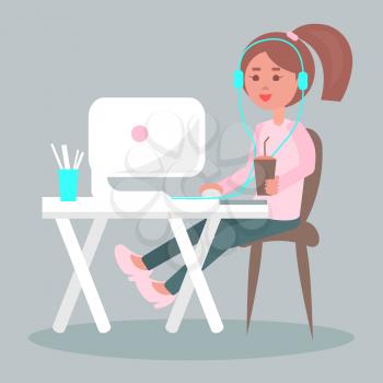 Freelancer working on computer at home. Smiling girl in headphones seating at the table with cup of coffee flat vector. Internet browsing at comfortable workplace. Listen music online illustration