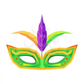 Mardi Gras green mask with pattern and three colored feathers for carnival celebration isolated on white background. Accessory to hide your face. Woman carnival costume element vector illustration.
