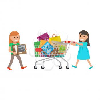 Two girls out on shopping. Redhead girl carries box and brunette girl push cart full of purchases on white background. Cartoon girls have fun during shopping. Vector illustration shopping collection.