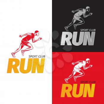 Run sport club logotype with motto credo for fitness center. Running sportsman on white, black, red background. Logo promote that fitness keeps fit. Vector illustration of strong man s body.