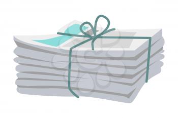 Pile of newspapers with media information isolated bound with string on white. Vector illustration of paper tabloid journals gathered in heap and bound with blue type and bow in flat design.