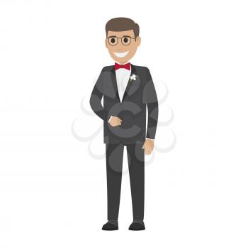 Groom in wedding suit isolated on white. Young male in official cloth with flowers in buttonhole. Happy husband in expensive cloth. Elegant guy in trendy cloth realistic vector illustration