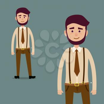 Young cartoon character with beard in brown tie and trousers with suspenders isolated on dark blue background. Man in hipster clothing and with smile in full-length and cropped vector illustration.