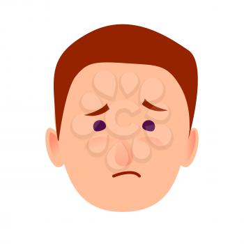 Sorrowful face emotion on man-child close-up portrait on white background. Dumpish and lamentable boy face. Vector illustration of character and face emotions in cartoon style hand drawn pattern.