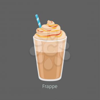 Glass of chilled frappe with straw flat vector. Cold invigorating drink with caffeine. Cooled coffee with frothing milk and sweet flavorings on foam illustration for coffee house and cafe menus design