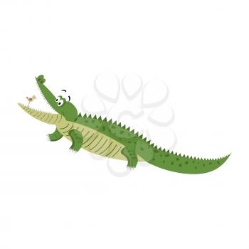 Cartoon crocodile with bird in wide open mouth isolated on white background. Cute big reptile hunting on little bird vector illustration. Drawn friendly croc sticker for children in flat style