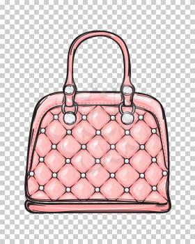Trendy leather pink women bag with white rivets isolated on transparent background. Fashionable accessory for chic, elegant and casual outfits. Vector illustration of glamorous and smart handbag.