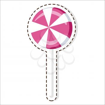 Swirl lollipop round candy patch vector isolated on white. Sweet pink sugar dessert on stick, lolly bonbon icon. Colorful caramel in flat style