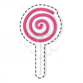 Swirl lollipop candy patch isolated on white. Sweet pink spiral sugar dessert on stick, lolly bonbon icon vector. Confectionery striped treat