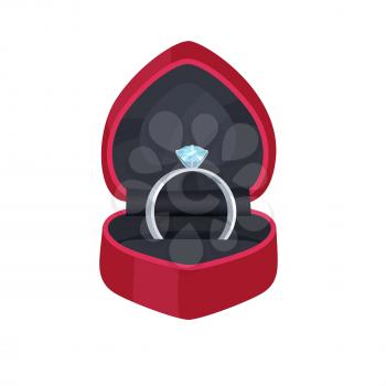 Engagement ring in velvet box heart shape with big precious stone isolated on white. Wedding accessory symbol of eternal love, unity and devotion. Vector illustration of proposal symbolic ring