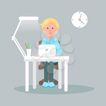 Cartoon male character sits at table with laptop, stand for chancery and lamp in office with clocks on wall. Vector illustration of comfortable work process. Man does his job on laptop in cozy office.