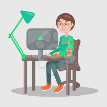 Male cartoon character sits at table with green lamp, cup of coffee and computer in office with grey walls. Vector illustration of comfortable work process. Man works on laptop in cozy atmosphere.