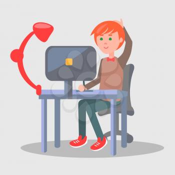 Male cartoon character sits at table with red lamp and computer in office with grey walls. Vector illustration of comfortable work process. Man works in cozy atmosphere using modern technologies