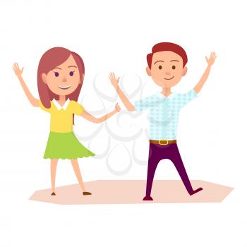 Young boy in shirt and trousers and girl in blouse and skirt raise hands up and walk with happy face expression vector illustration.