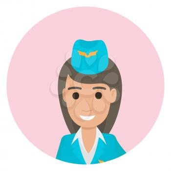 Dark-haired stewardess in blue uniform posing close-up in round web button avatar on white background vector illustration.
