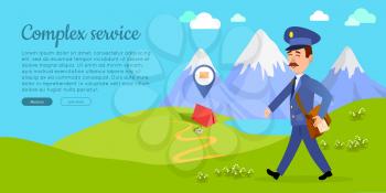 Complex service cartoon web banner. Postman in uniform with bag full of letters walking on green mountain meadow flat vector illustration. Horizontal concept for mail or post company landing page