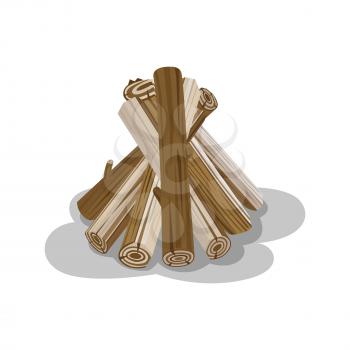 Bunch of logs with shadow isolated on white. Neatly stacked firewood elements to make fire. Wooden brickets placed together to start fire. Isolated vector of round billets in cartoon style