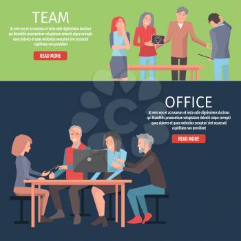 Read more about successful team building and comfortable office conditions creation. Startup instructions internet page vector illustration. Worker characters plan business project together.