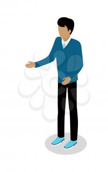 Brunette man in casual clothing isometric projection vector isolated on white. Faceless male figure in sweater and sneakers standing with outstretched hand 3d illustration for icons or web design