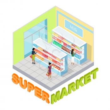 Supermarket milk department interior in isometric projection. Customers choosing goods in grocery store trading hall vector illustration. Daily products shopping concept isolated on white background