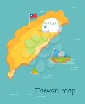 Concept of white stone, flag of Formosa and Lanyang Museum isolated on blue ocean. Four-story cube of glass and concrete, tilted and drowning on individual isle of Taiwan map vector illustration