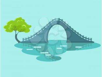 Lunar bridge with green tree in Taiwan isolated on blue. Oval circle resulting from reflection symbolizes moon and sky, which gave name to this type of engineering facilities vector illustration