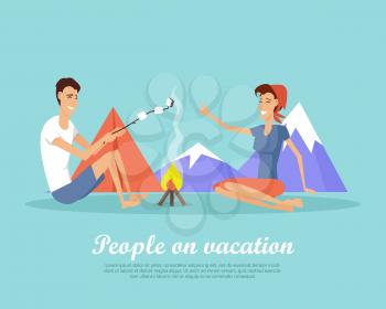 People on vacation banner. Smiling man and woman roast marshmallows on fire near the tent on background of mountains peaks vector illustration isolated on blue background. For travel company web page