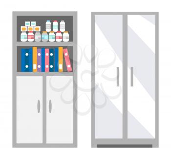 Veterinarian bookcase with files and bottles set of isolated icons vector. Pills and containers with curing vitamins for pets. Interior and furniture