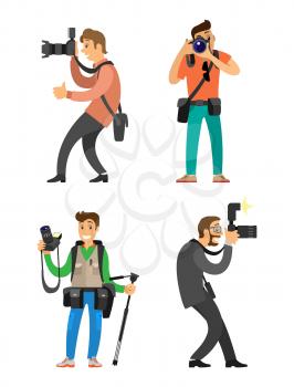 Photographers or paparazzi with cameras on tripod taking pictures. Photojournalists carrying equipment, device for photo shooting vector illustration.