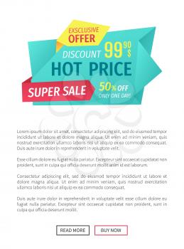 Hot price super sale poster with text sample. Exclusive offer buy now and save money. Economic proposition deal with market. Super clearance vector