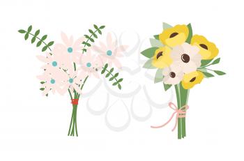 Spring bouquet tied by thread, flora with leaves, frondage composition of flowers. Vector leather fern foliage vector, springtime blooming romantic buds