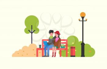 People spending time sitting on red bench in park. Woman and man discussion with laptop and cup. Trees and brushes, urn and lantern vector illustration