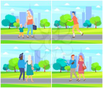 Woman with son enjoying weekends in park vector, people walking and talking man and lady holding hands. Young person running, jogging character set