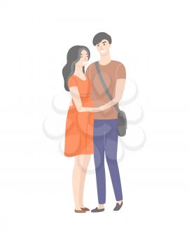 Cartoon students in love, male and female isolated characters flat style. Vector guy with bag over shoulder and brunette girl in red dress, teenage people