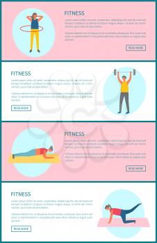 Sport gym training, fitness and healthy lifestyle tips web page templates vector. Rotating hula hup and weight lifting, plank and yoga on mat, workout